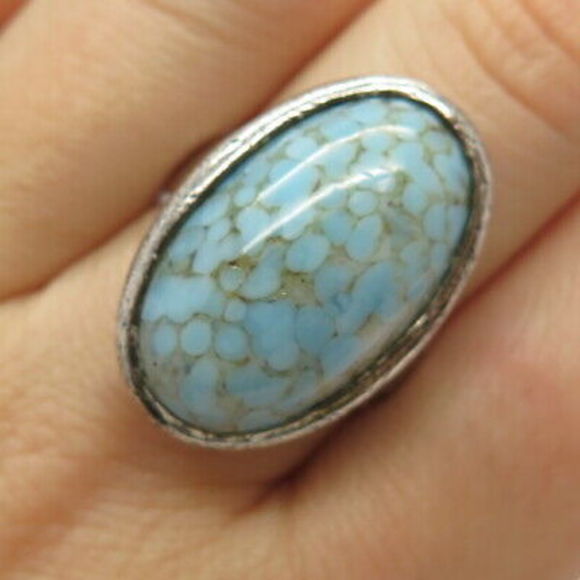925 Sterling Silver Vintage Faux Turquoise Oval Ring Size